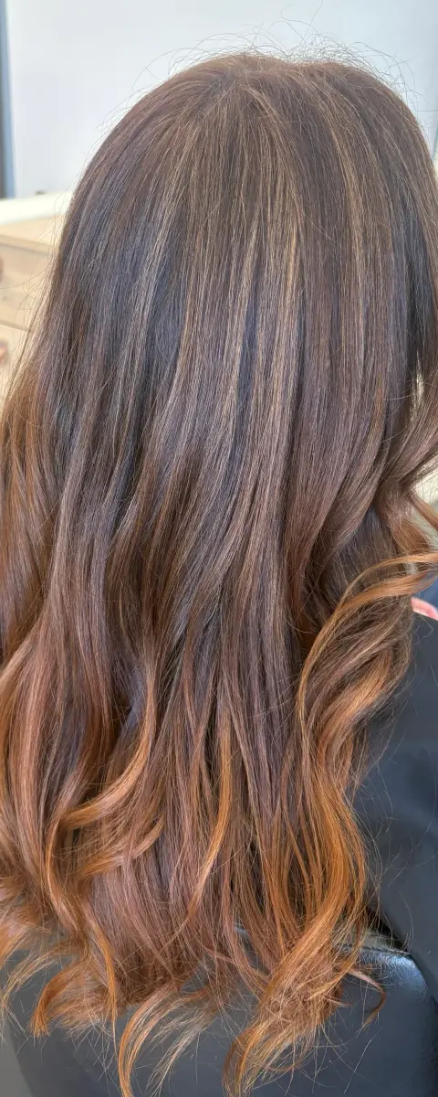 Long brunette hair with warm caramel balayage and soft loose waves.