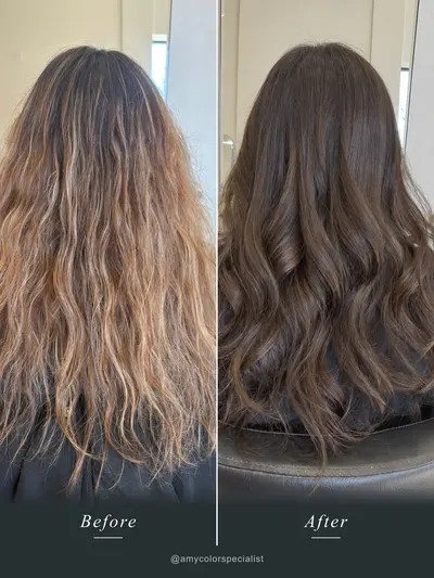 Before and after: dark roots and faded, brassy highlights changed to an even, soft brunette with loose waves.