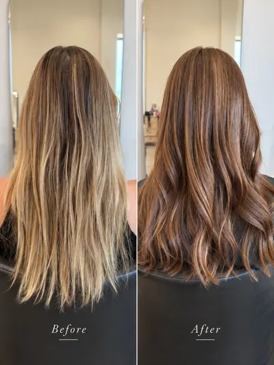Before and after: long blonde hair with dark regrowth changed to warm brunette with caramel highlights and loose waves.
